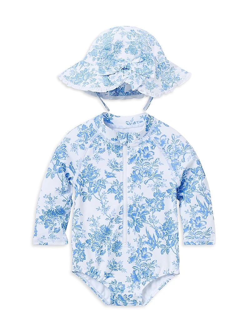 Baby Girl's Floral Rashguard Swimsuit & Hat Set