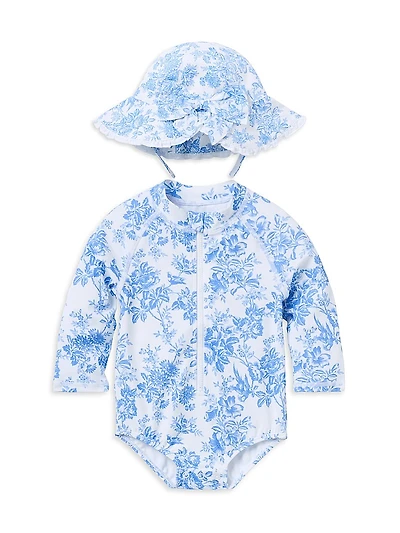 Baby Girl's Floral Rashguard Swimsuit & Hat Set