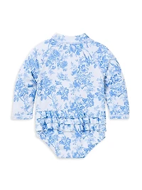 Baby Girl's Floral Rashguard Swimsuit & Hat Set