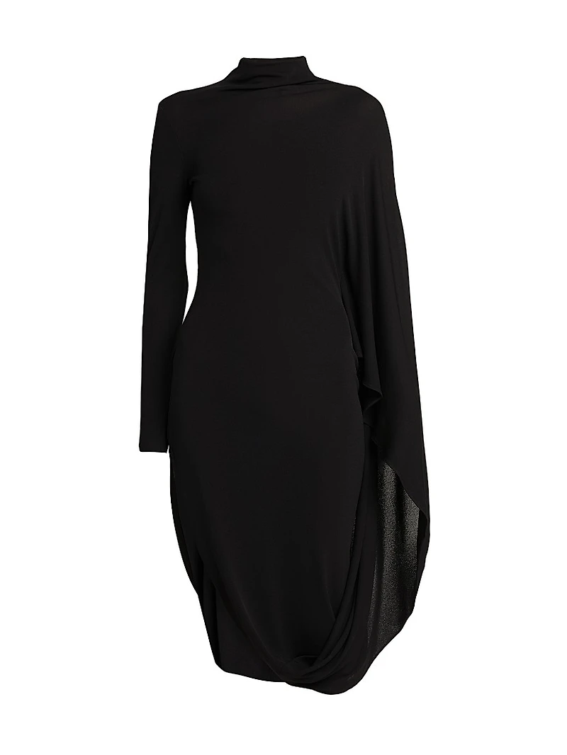 Crepe Jersey Turtleneck Cape Midi-Dress