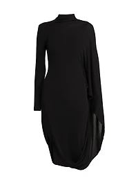 Crepe Jersey Turtleneck Cape Midi-Dress