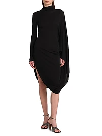 Crepe Jersey Turtleneck Cape Midi-Dress