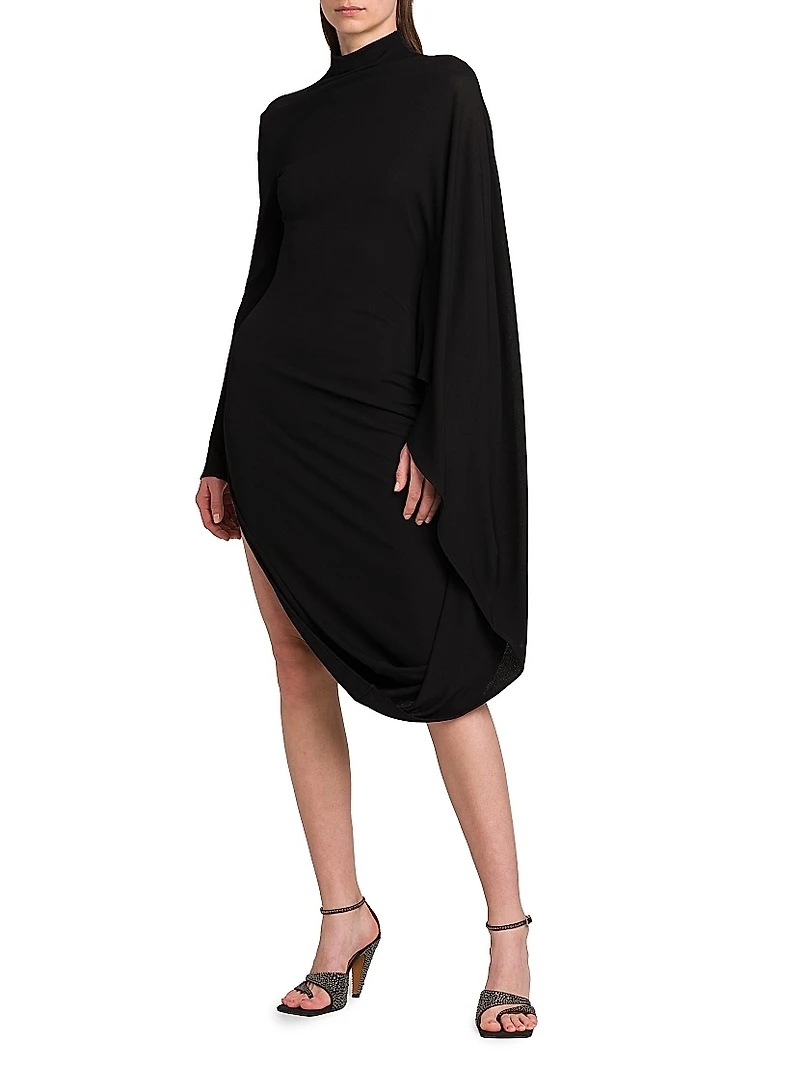 Crepe Jersey Turtleneck Cape Midi-Dress