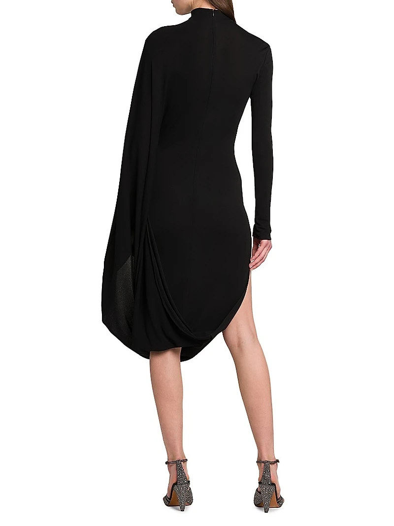 Crepe Jersey Turtleneck Cape Midi-Dress