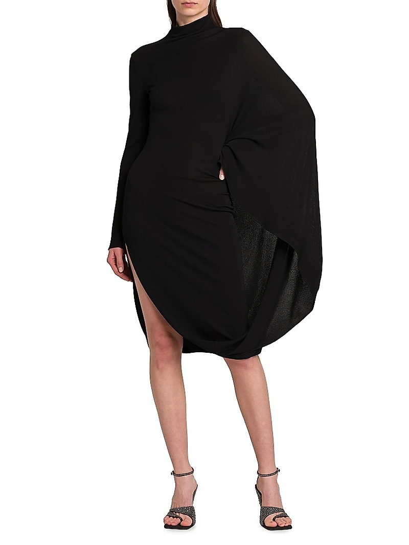 Crepe Jersey Turtleneck Cape Midi-Dress