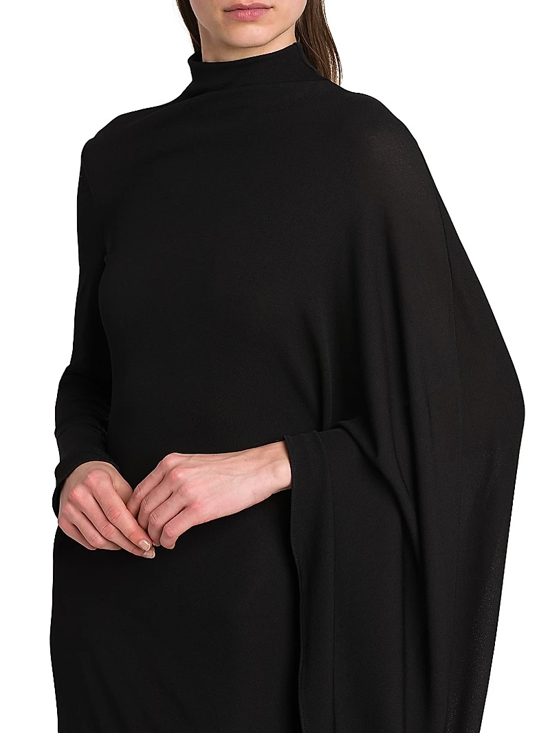 Crepe Jersey Turtleneck Cape Midi-Dress