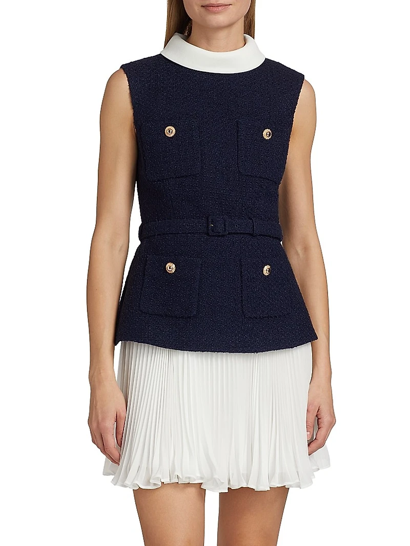 Bouclé & Chiffon Sleeveless Minidress