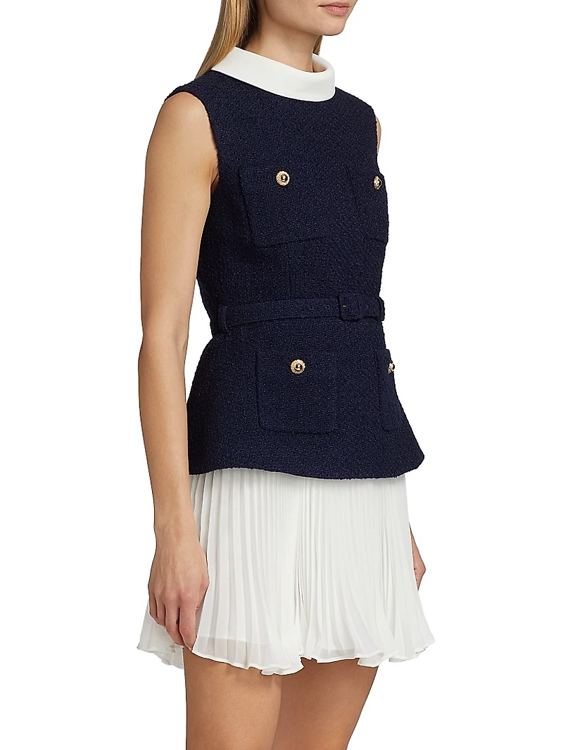 Bouclé & Chiffon Sleeveless Minidress