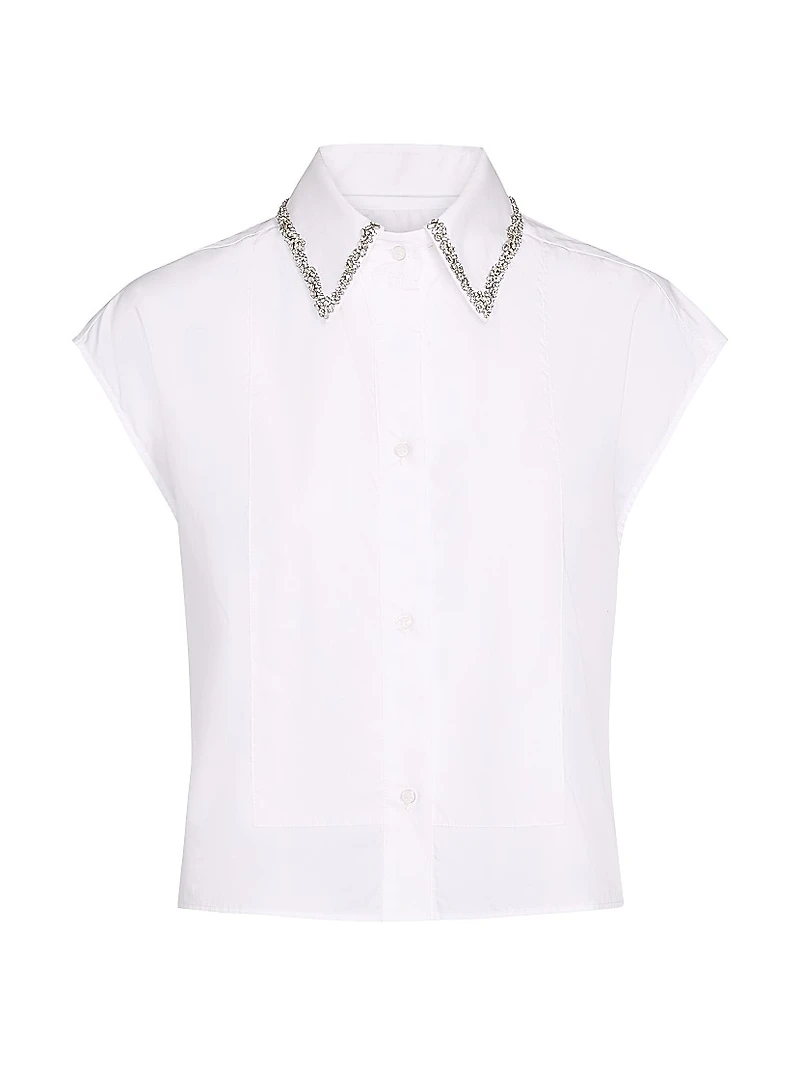 Beaded Collar Cotton Cap-Sleeve Shirt