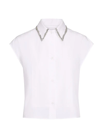 Beaded Collar Cotton Cap-Sleeve Shirt