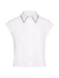 Beaded Collar Cotton Cap-Sleeve Shirt