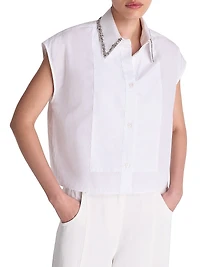 Beaded Collar Cotton Cap-Sleeve Shirt