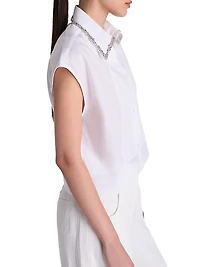 Beaded Collar Cotton Cap-Sleeve Shirt