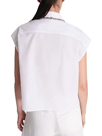 Beaded Collar Cotton Cap-Sleeve Shirt