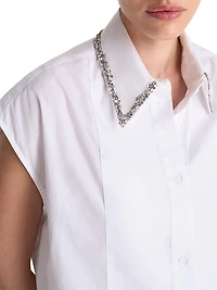 Beaded Collar Cotton Cap-Sleeve Shirt