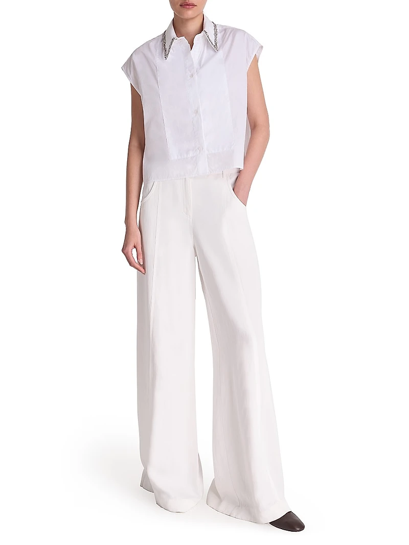 Beaded Collar Cotton Cap-Sleeve Shirt