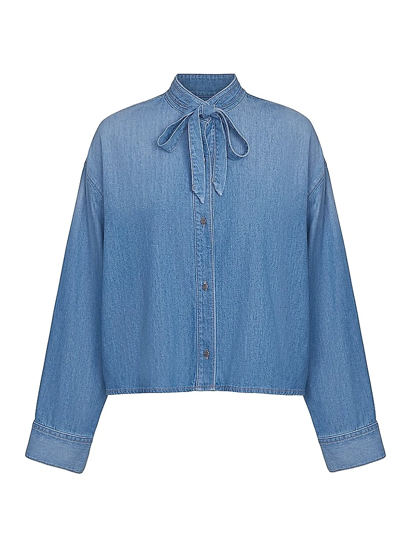 Tie-Neck Denim Button-Front Shirt