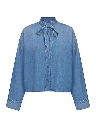 Tie-Neck Denim Button-Front Shirt