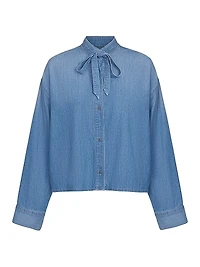 Tie-Neck Denim Button-Front Shirt
