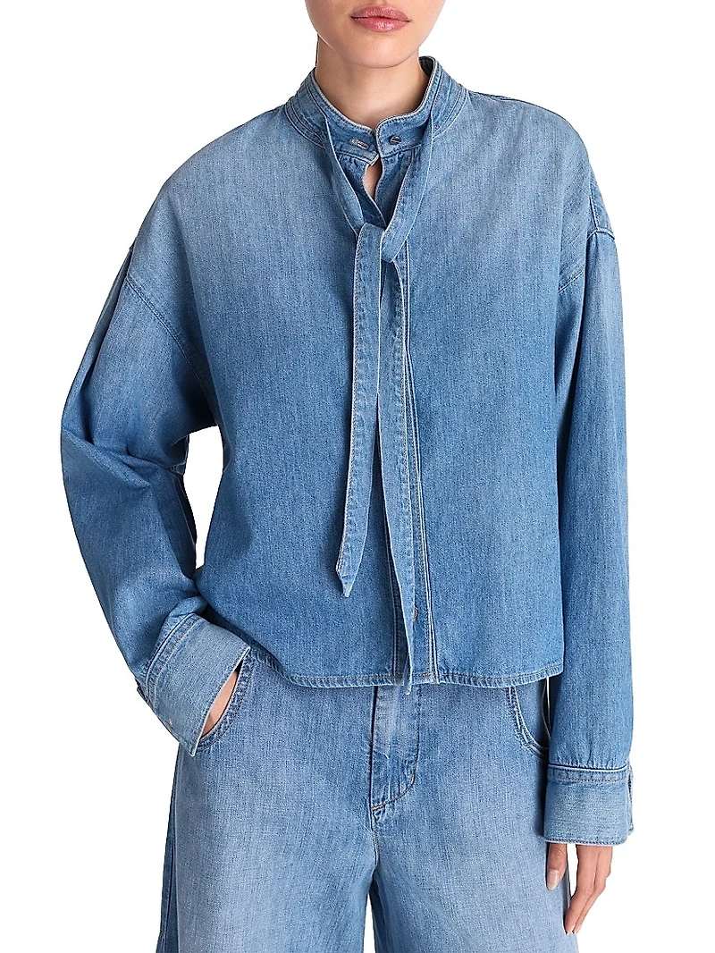 Tie-Neck Denim Button-Front Shirt