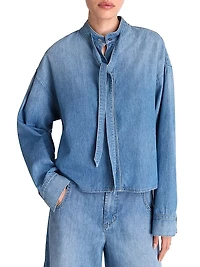 Tie-Neck Denim Button-Front Shirt