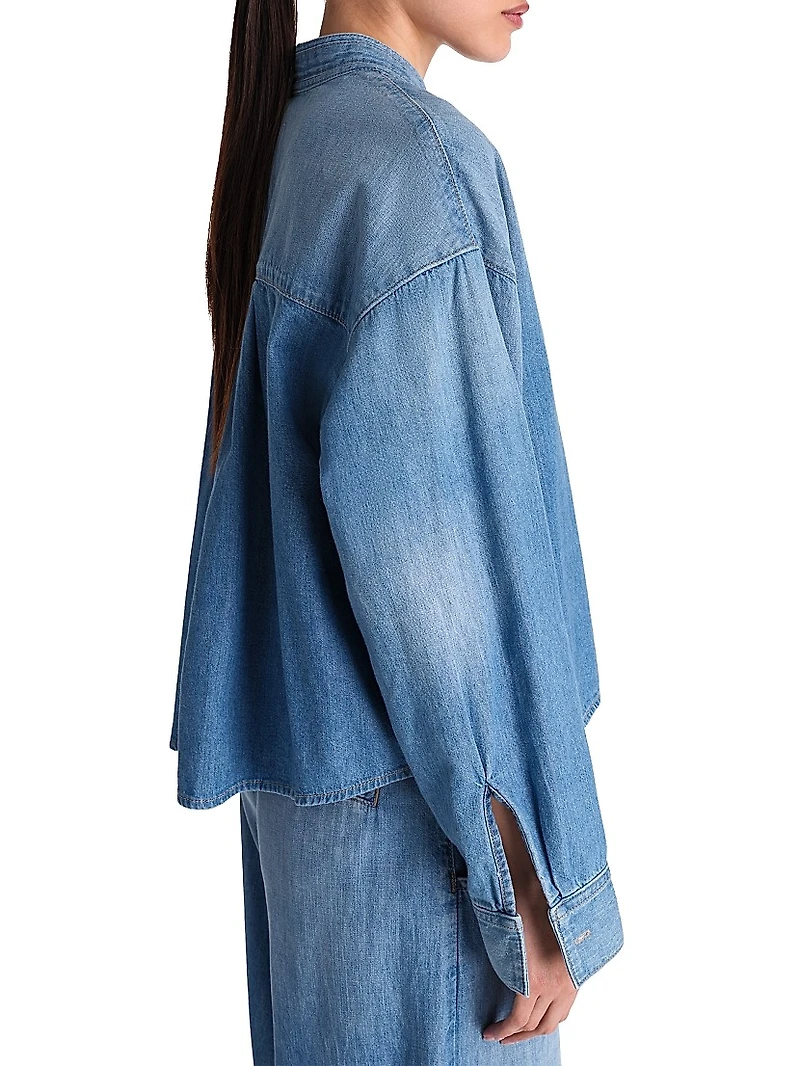Tie-Neck Denim Button-Front Shirt