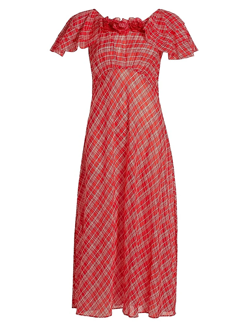Nevara Plaid Rosette Midi-Dress