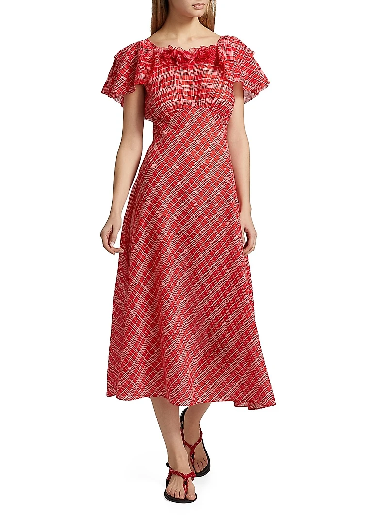 Nevara Plaid Rosette Midi-Dress