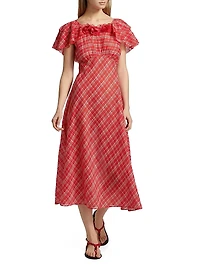 Nevara Plaid Rosette Midi-Dress