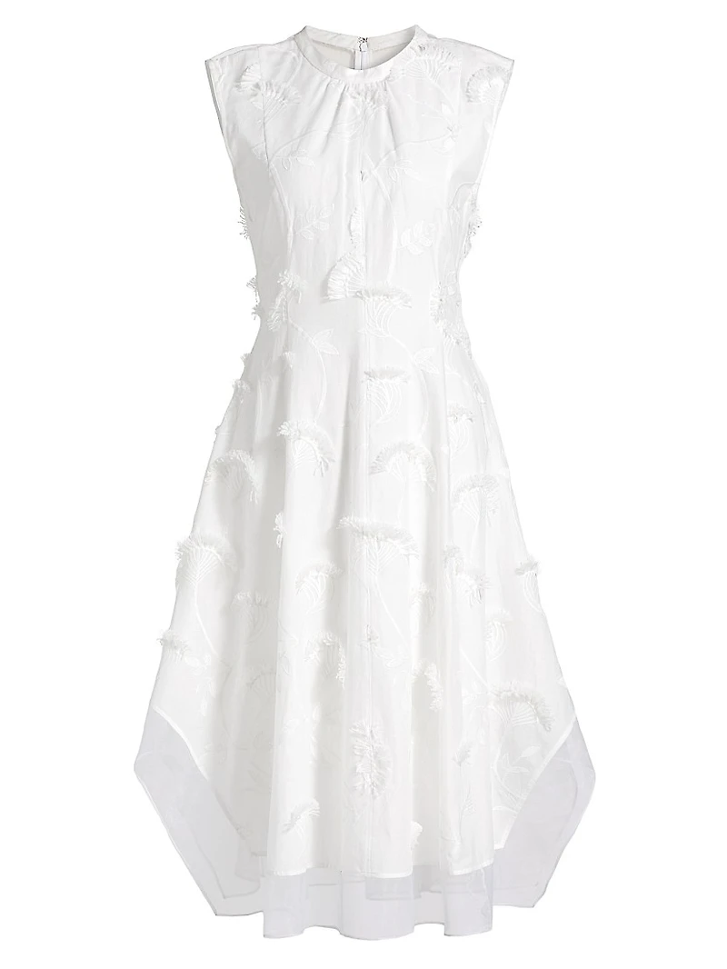 Embroidered Cotton Voile & Chiffon Knee-Length Dress
