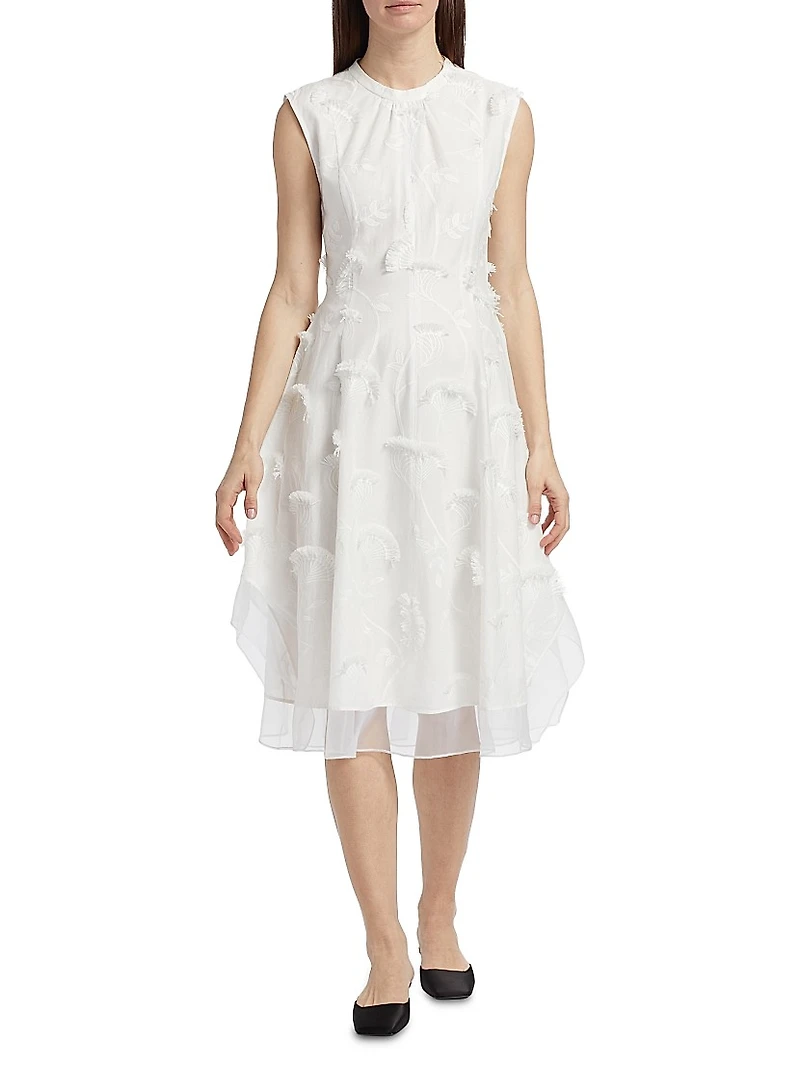 Embroidered Cotton Voile & Chiffon Knee-Length Dress
