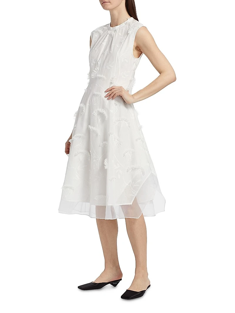 Embroidered Cotton Voile & Chiffon Knee-Length Dress