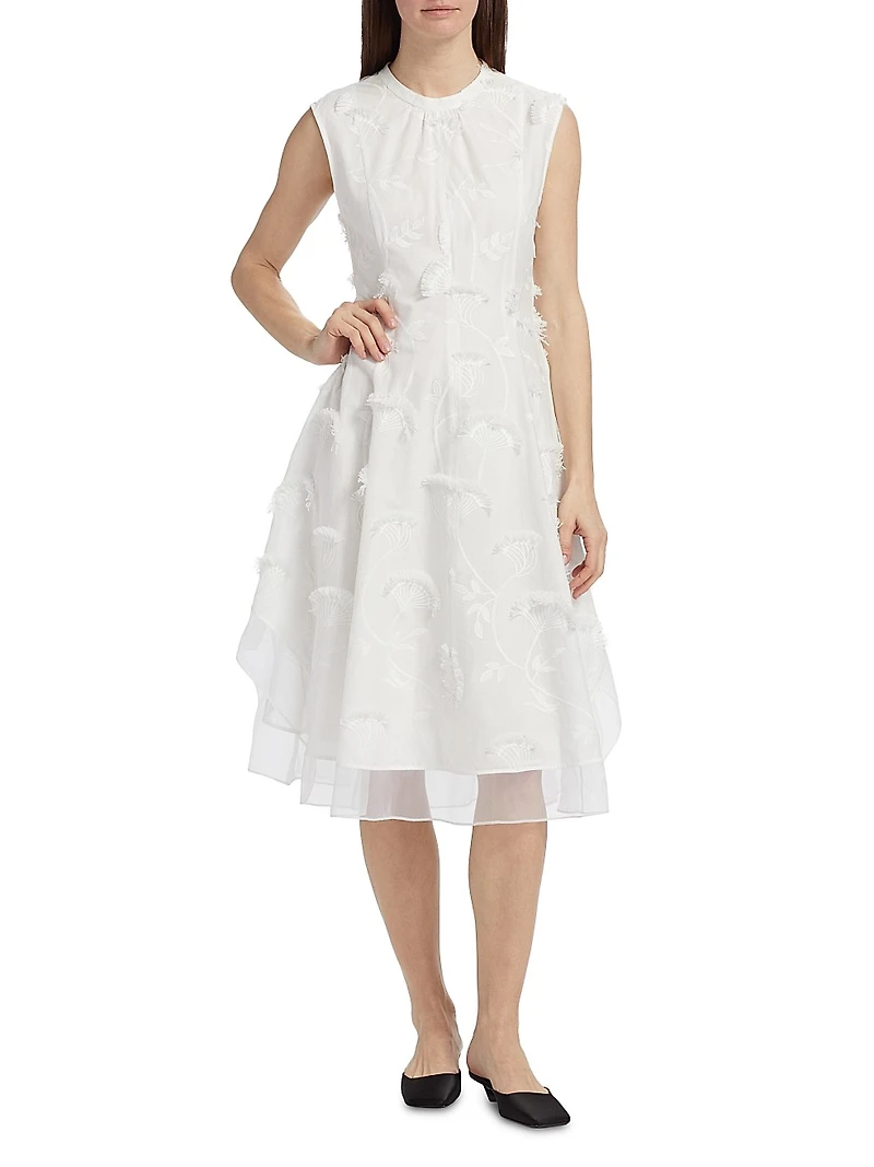 Embroidered Cotton Voile & Chiffon Knee-Length Dress