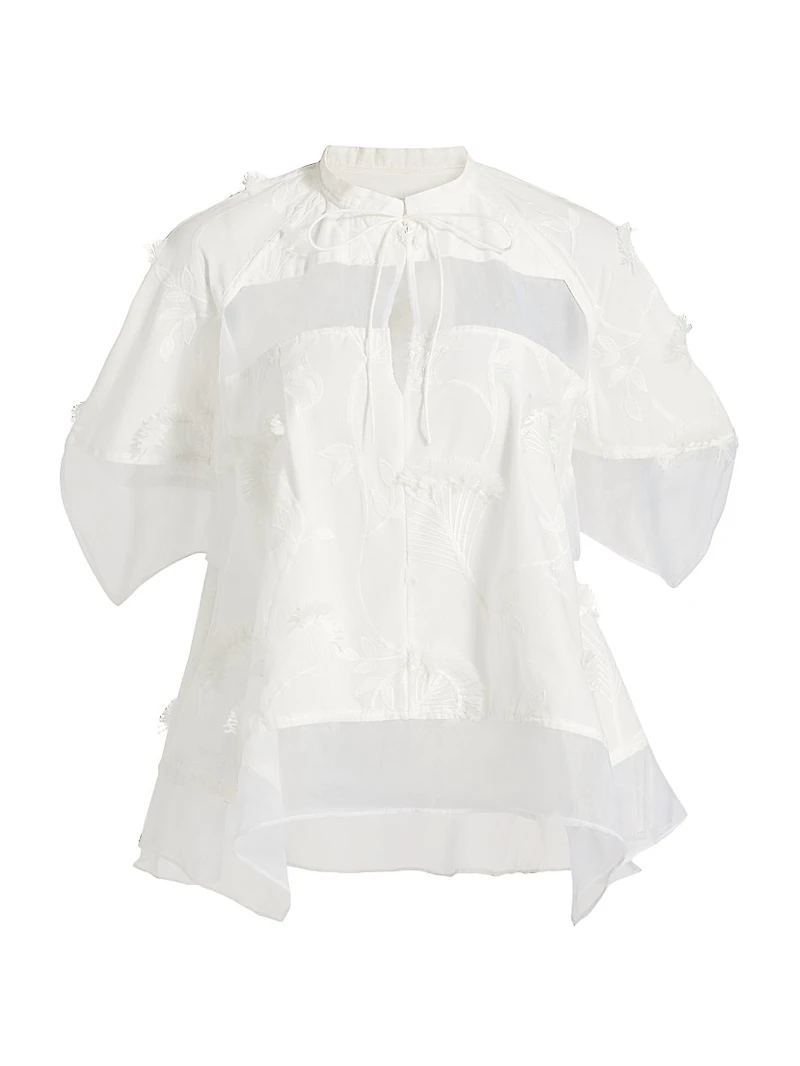 Embroidered Cotton Voile & Chiffon Flounce Top