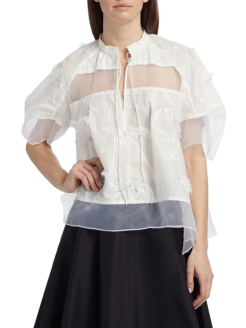 Embroidered Cotton Voile & Chiffon Flounce Top