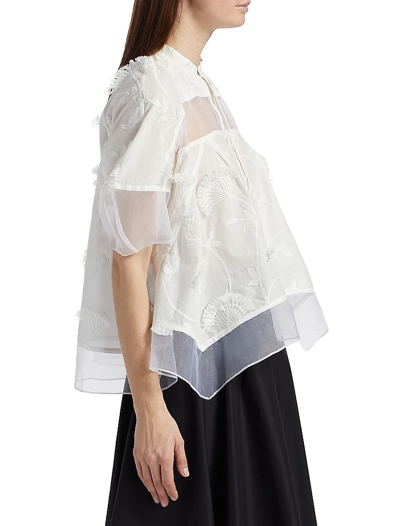 Embroidered Cotton Voile & Chiffon Flounce Top