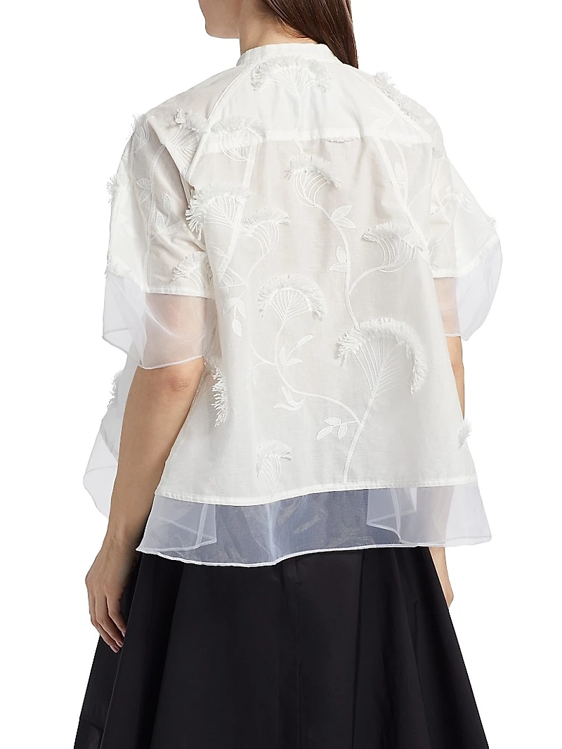 Embroidered Cotton Voile & Chiffon Flounce Top