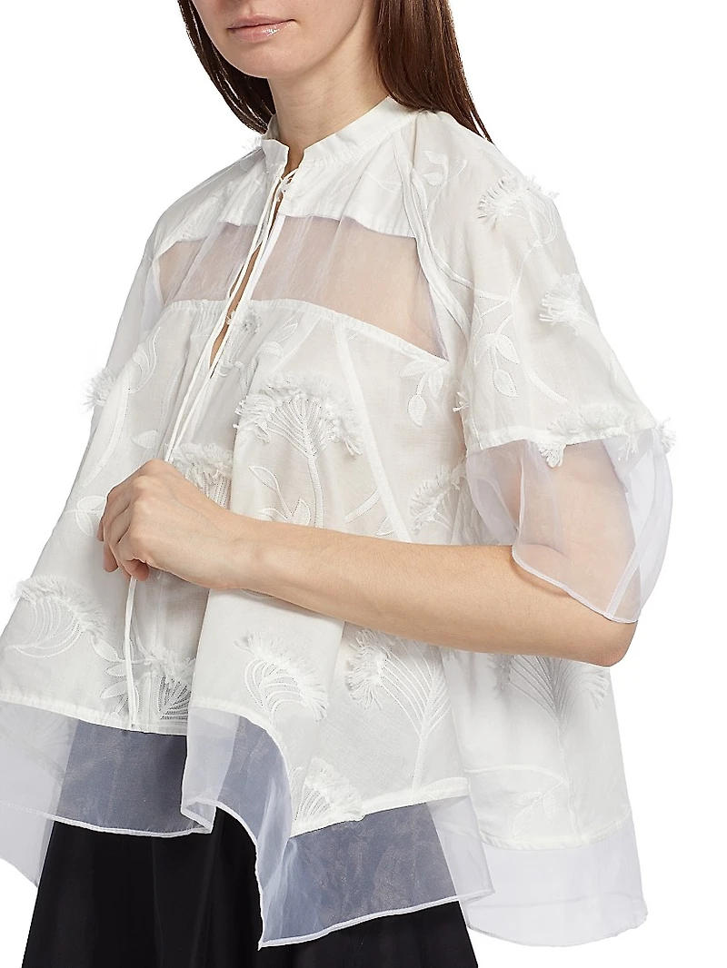 Embroidered Cotton Voile & Chiffon Flounce Top