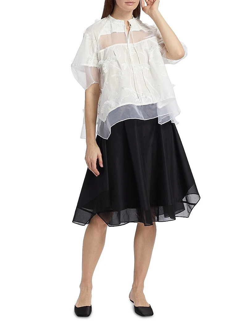 Embroidered Cotton Voile & Chiffon Flounce Top
