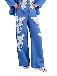 Jenna Embellished Linen Wide-Leg Pants