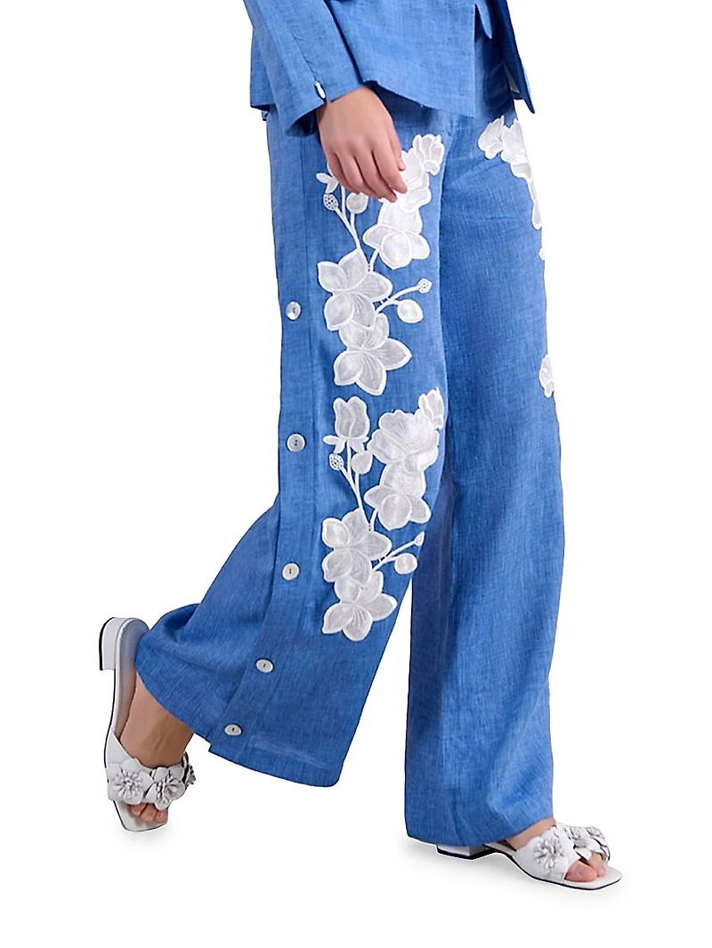 Jenna Embellished Linen Wide-Leg Pants