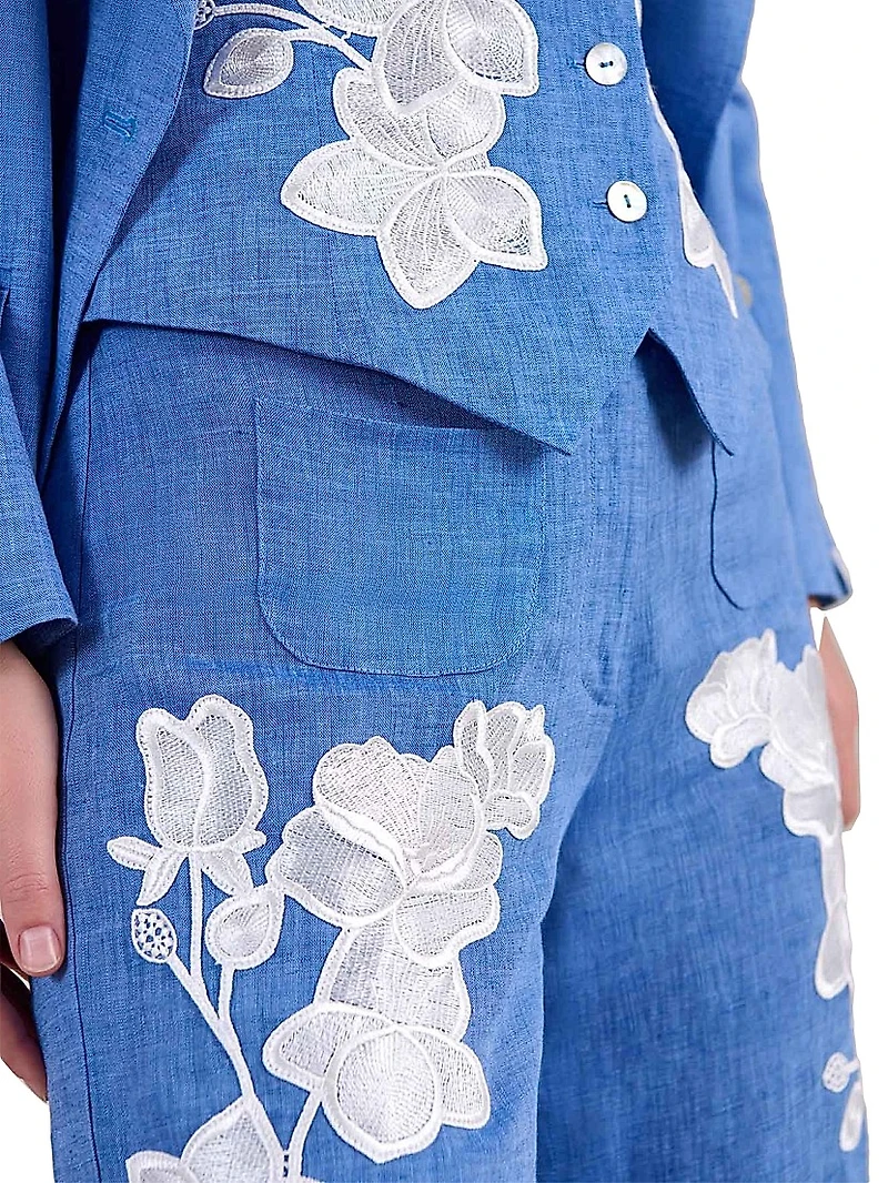 Jenna Embellished Linen Wide-Leg Pants