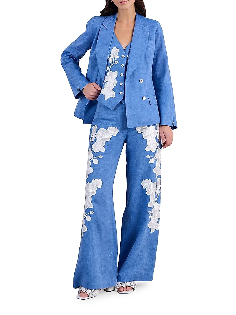 Jenna Embellished Linen Wide-Leg Pants