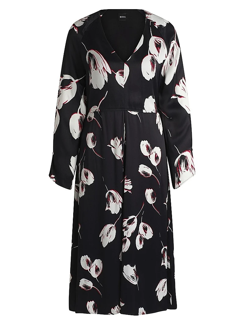 Satin V-Neck Dress With Tulip Print