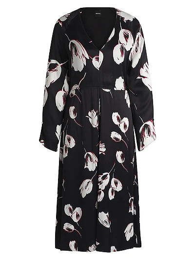 Satin V-Neck Dress With Tulip Print