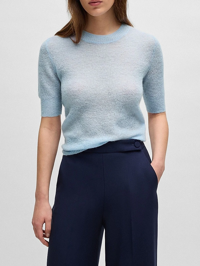 Cropped-Sleeve Knitted Sweater Textured Wool