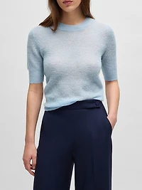 Cropped-Sleeve Knitted Sweater Textured Wool