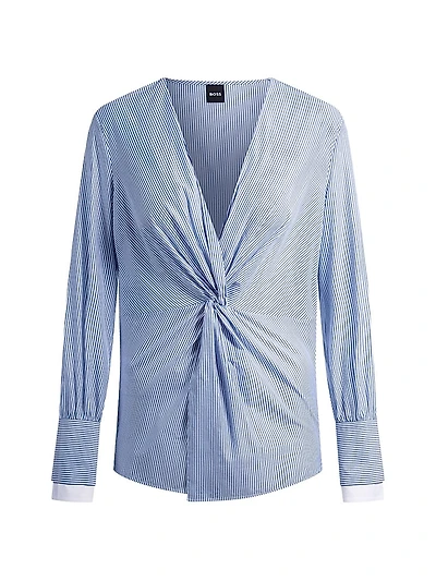 Twist-Front Slim-Fit Blouse Striped Cotton
