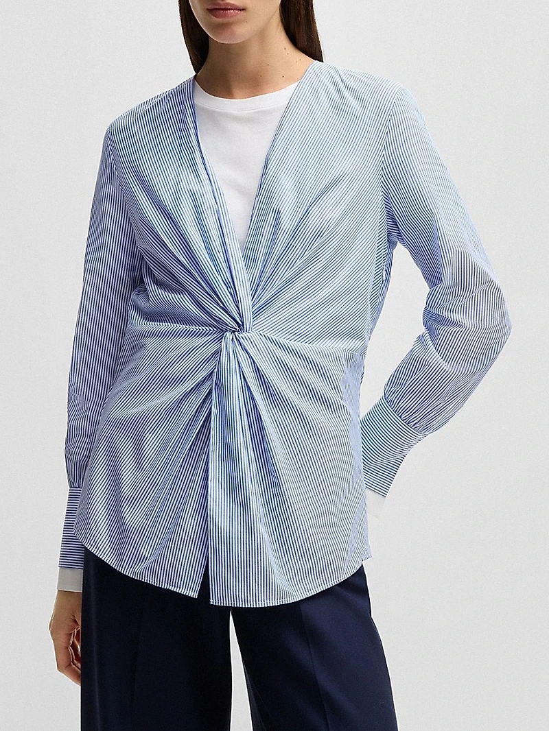 Twist-Front Slim-Fit Blouse Striped Cotton