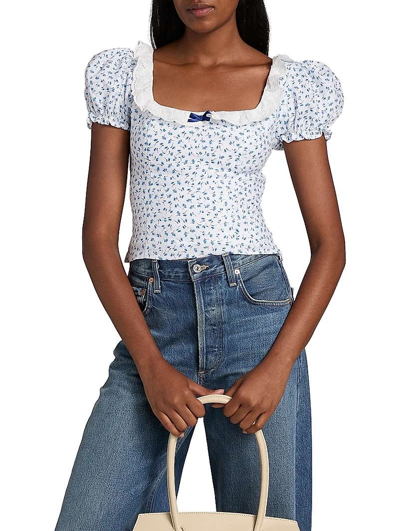 Alice Floral Puff-Sleeve Linen Top
